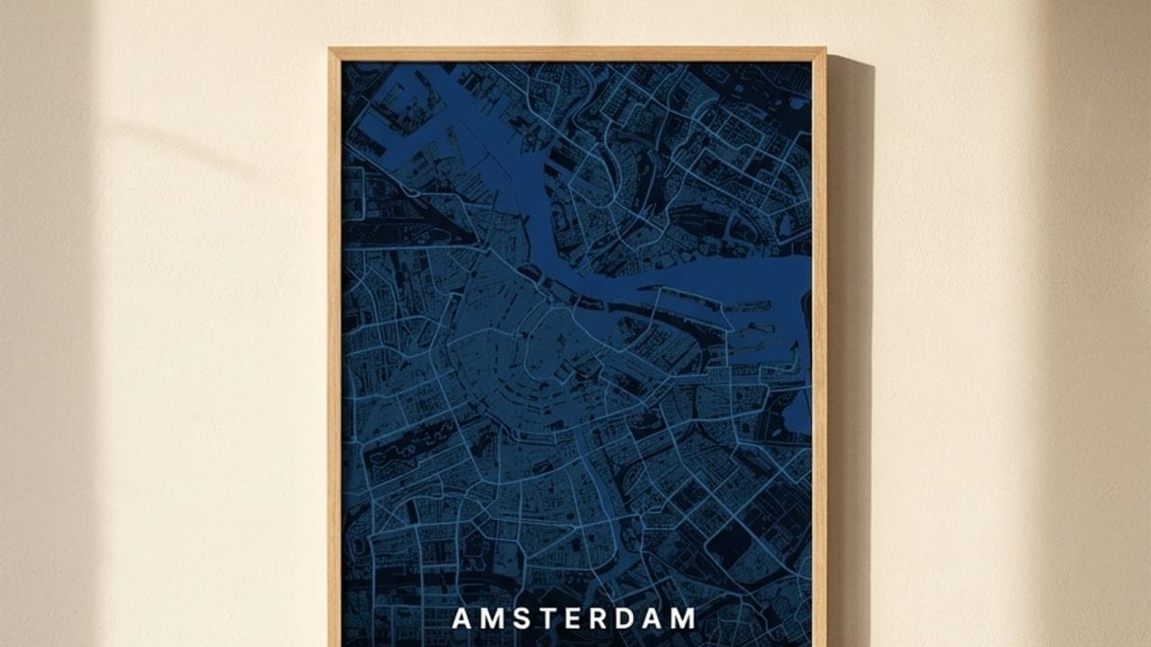 Gerahmtes blaues Amsterdam-Kartenposter über einem Sessel
