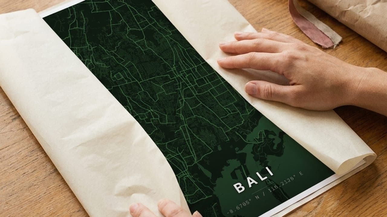 Hände packen ein grünes Bali-Kartenposter aus