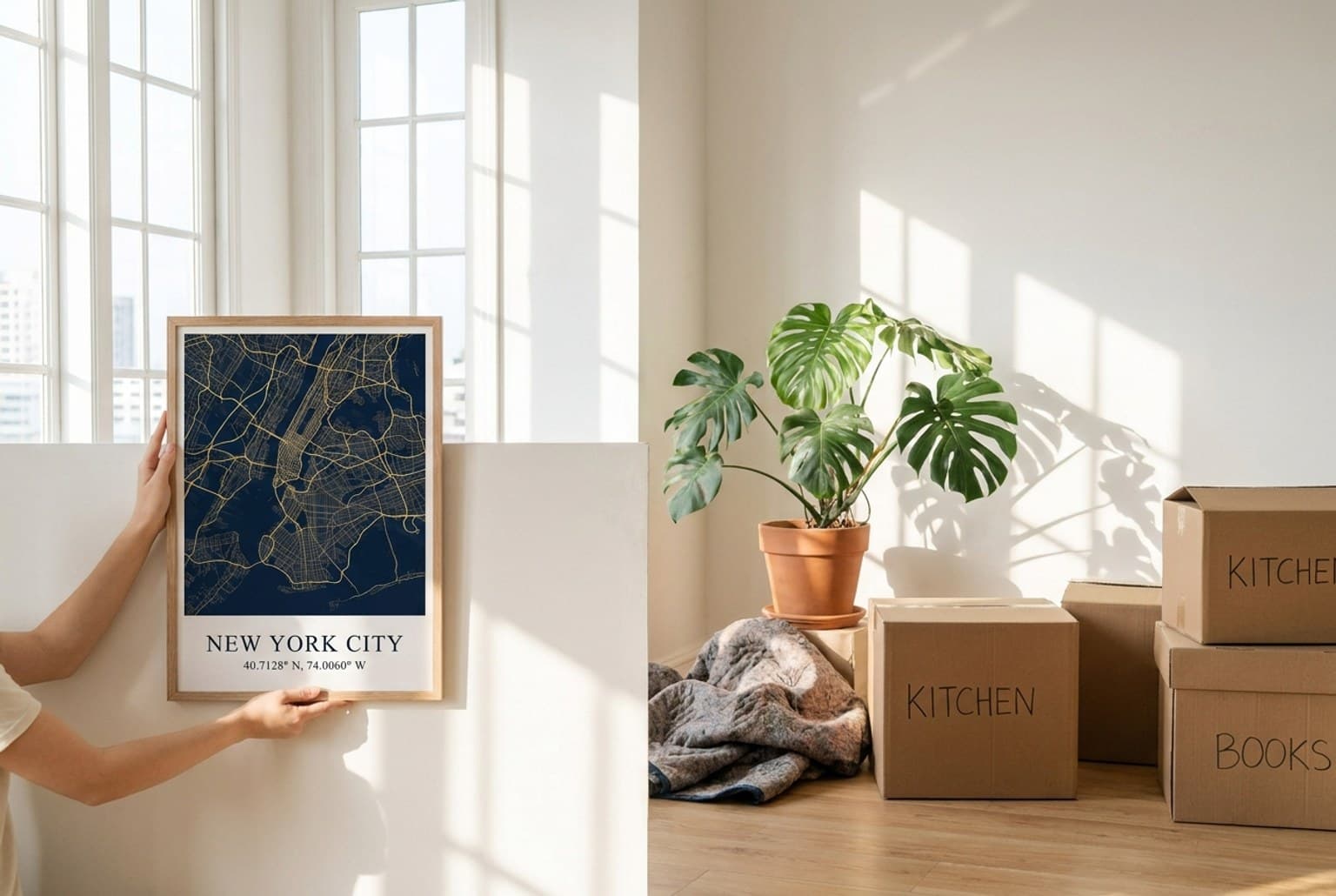 Hände hängen ein gerahmtes New-York-Kartenposter in einer hellen, frisch bezogenen Wohnung mit Umzugskartons auf