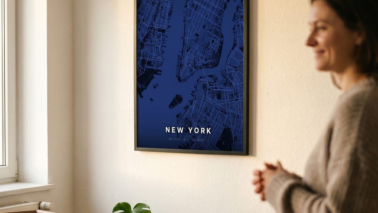 Woman looking at a blue New York map poster in her new flat