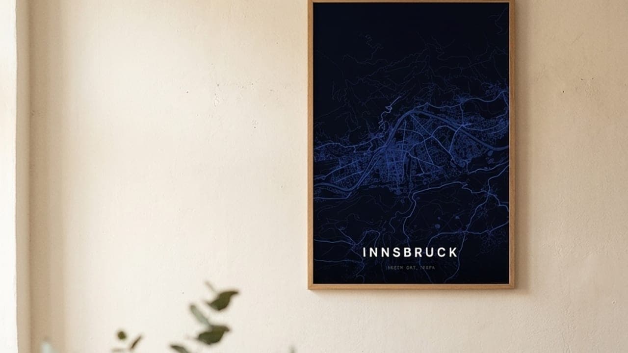 Gerahmtes Innsbruck-Kartenposter über einem Sofa mit Eukalyptuszweig