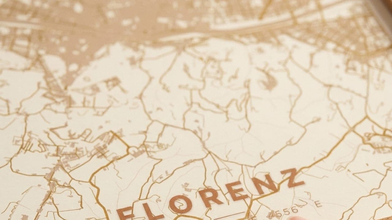 Close-up of a light Florence map poster in a wooden frame