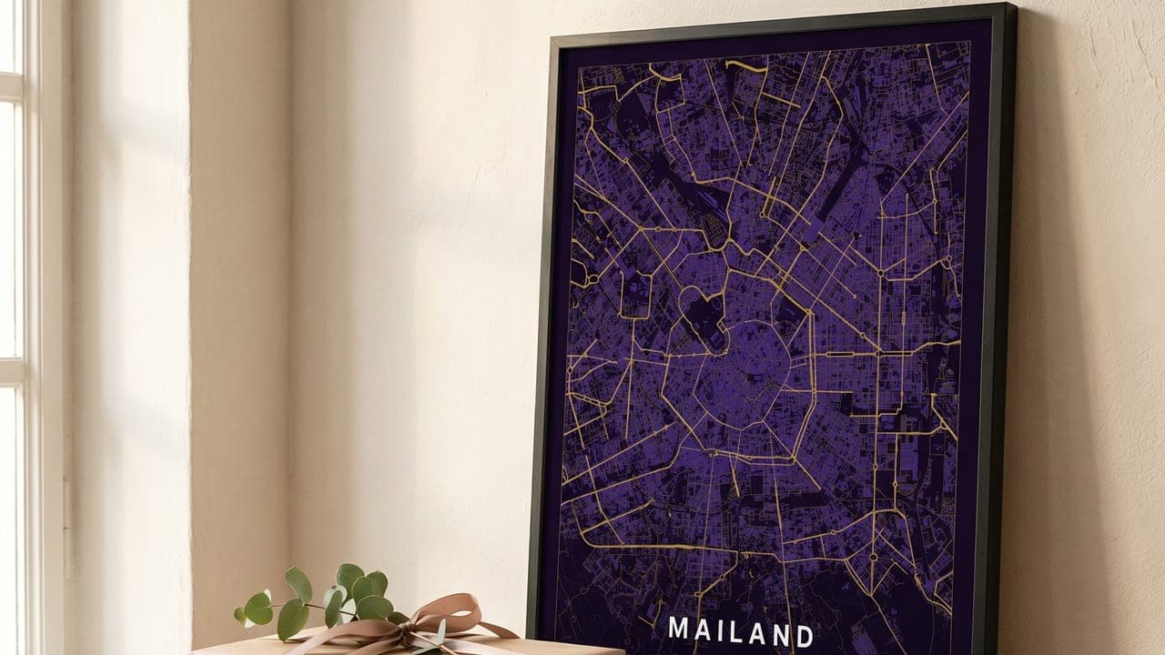 Lila Mailand-Kartenposter im schwarzen Rahmen auf einem Holztisch neben einem verpackten Geschenk