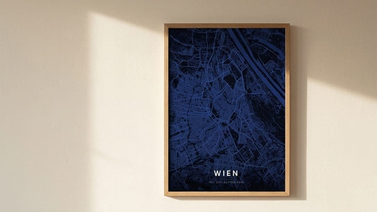 Blaues Wien-Kartenposter im Holzrahmen über einem hellen Sofa