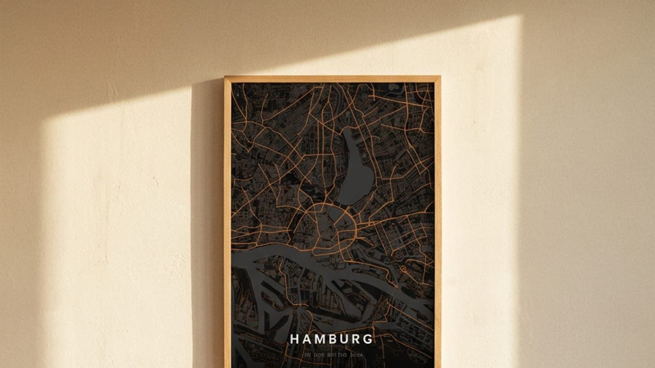 Gerahmtes Hamburg-Kartenposter über einem terrakottafarbenen Sofa