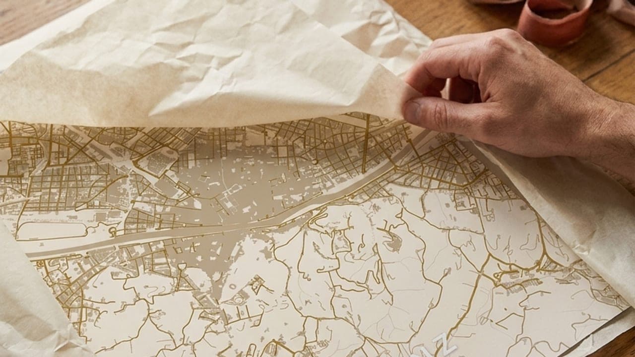 Hände packen ein helles Florenz-Kartenposter aus Seidenpapier aus