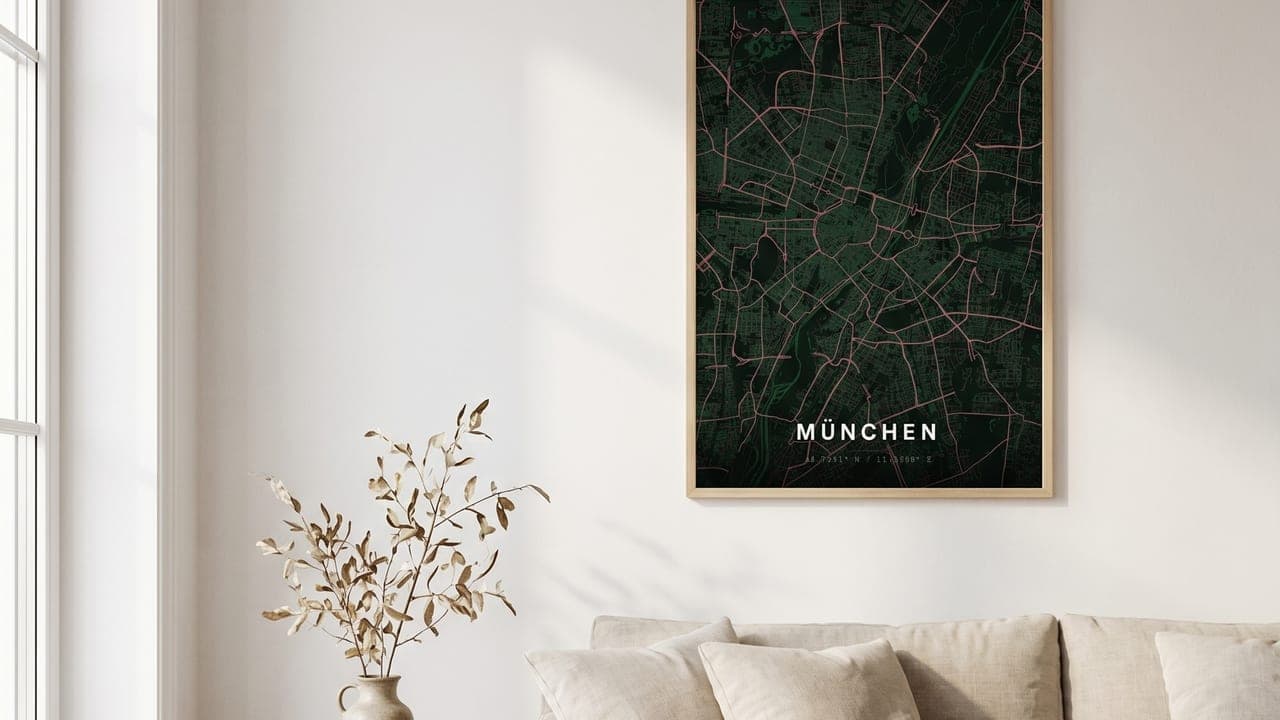 Gerahmtes München-Kartenposter in einem hellen, skandinavisch eingerichteten Raum
