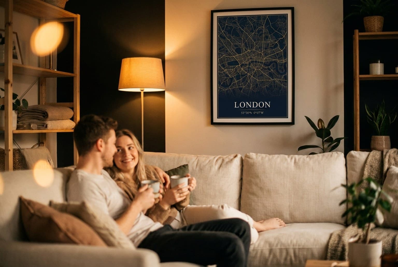 Paar auf dem Sofa bei warmem Abendlicht mit gerahmtem London-Kartenposter an der Wand