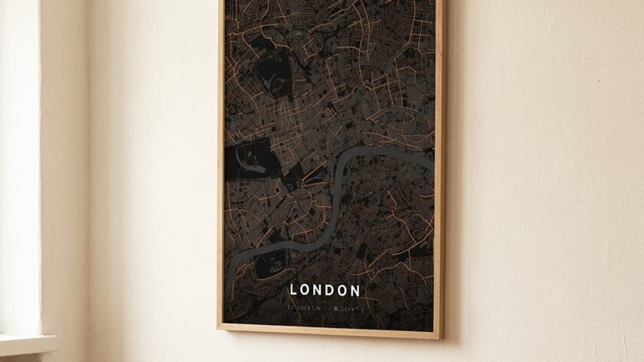 Gerahmtes London-Kartenposter an der Wand, darunter ein offener Karton mit Decke