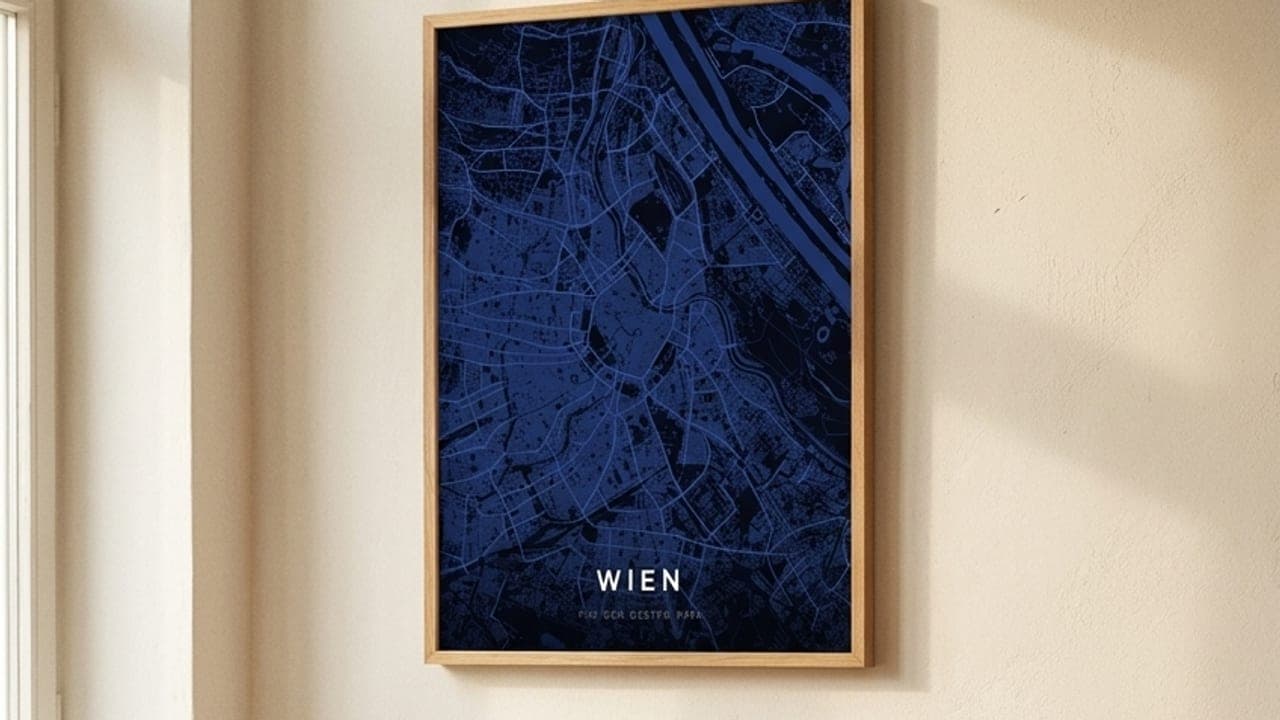 Schlichtes blaues Wien-Kartenposter über einem senfgelben Sofa