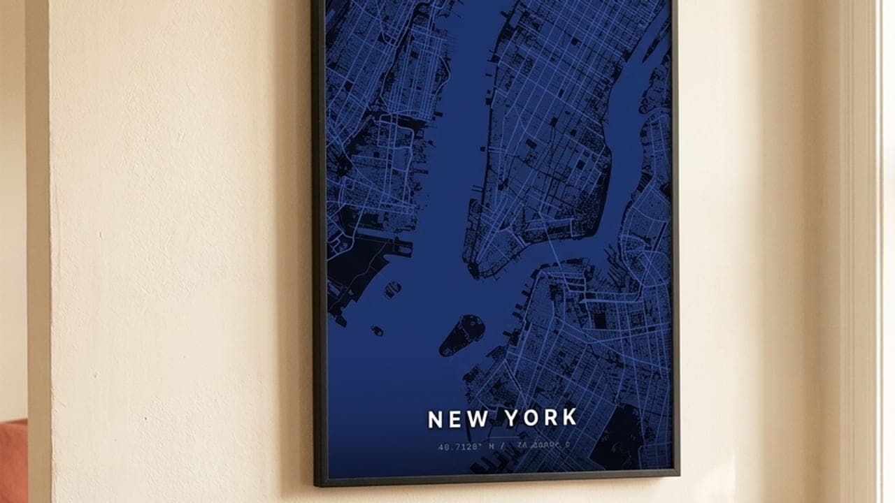 Gerahmtes blaues New-York-Kartenposter an der Wand, davor eine Kerze auf einem Holztisch