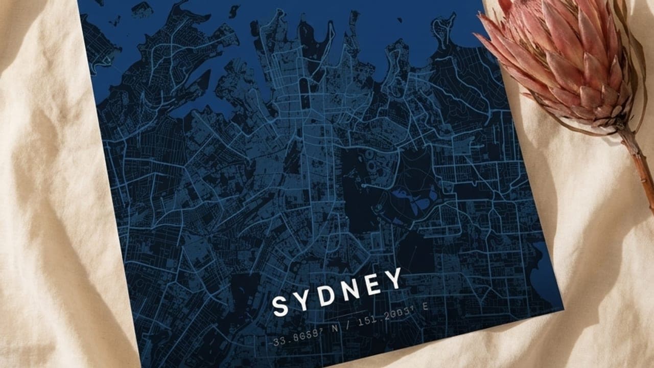 Blue Sydney map poster on linen next to a camera and a protea