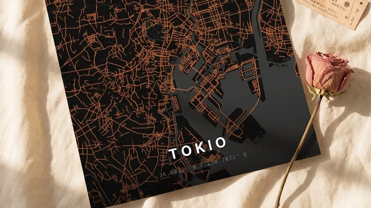 Tokio-Kartenposter auf Leinen, daneben Kamera und getrocknete Rose