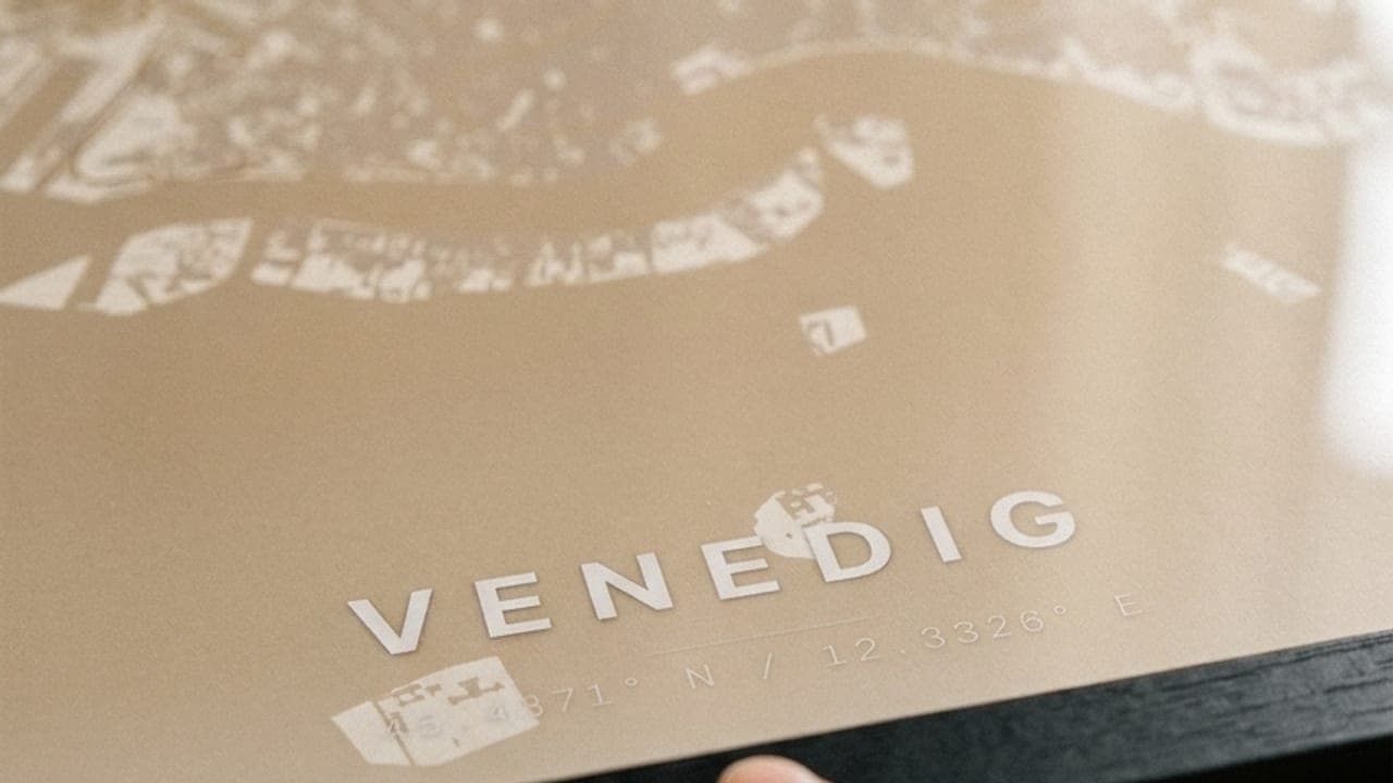 Nahaufnahme eines hellen Venedig-Kartenposters mit der Lagune