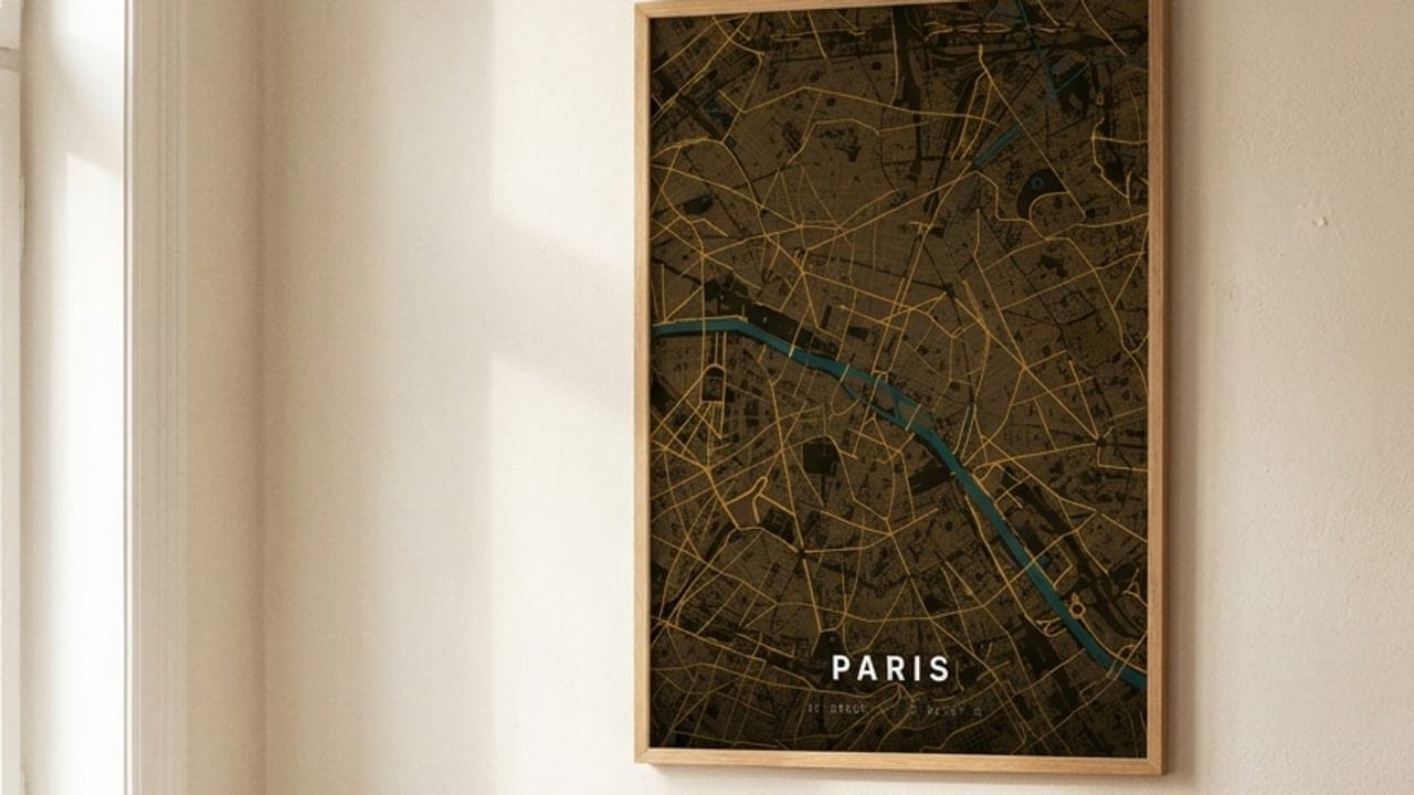 Gerahmtes Paris-Kartenposter in Gold über einem hellen Sofa