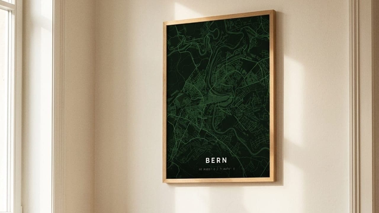 Grünes Bern-Kartenposter im Holzrahmen über einem hellen Sofa
