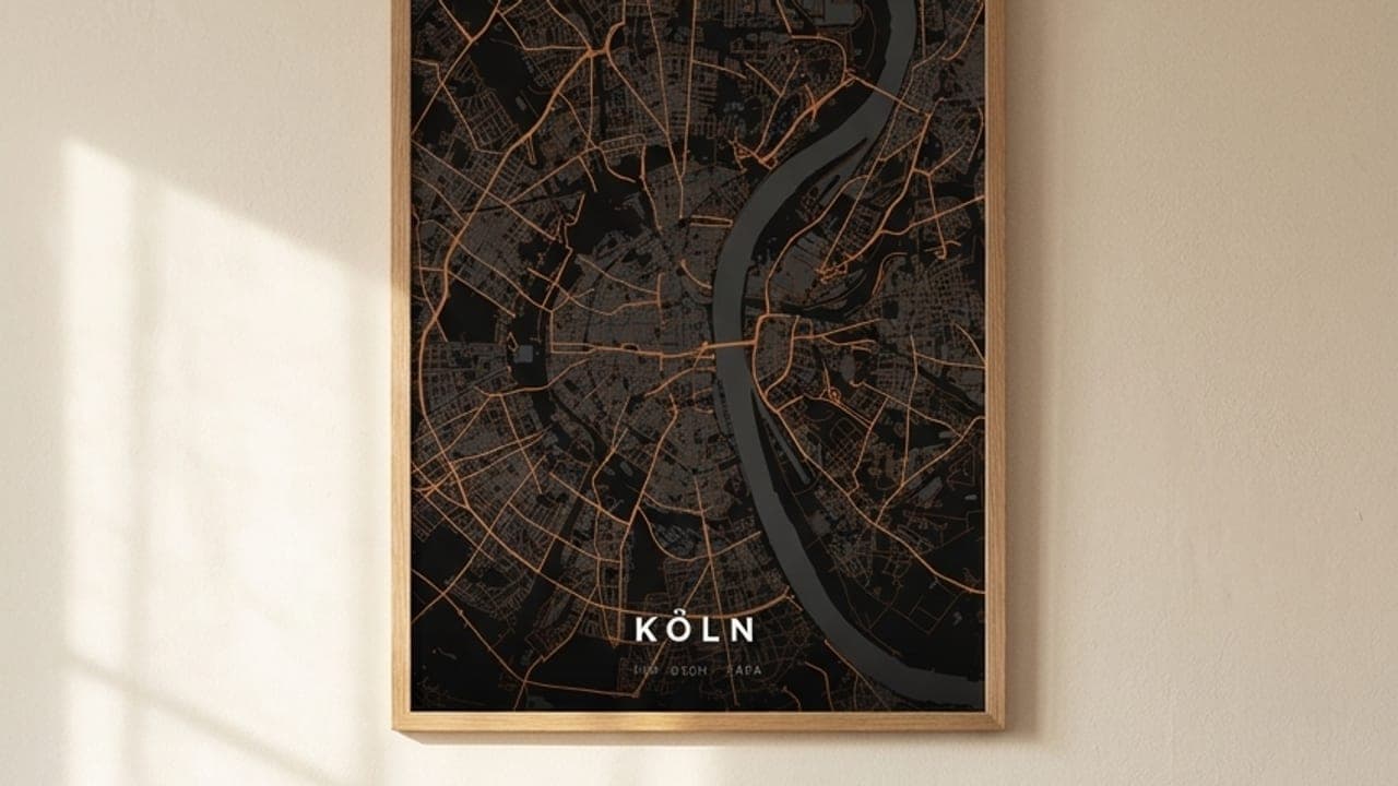 Gerahmtes Köln-Kartenposter über einem Sofa mit Kissen in Terrakotta