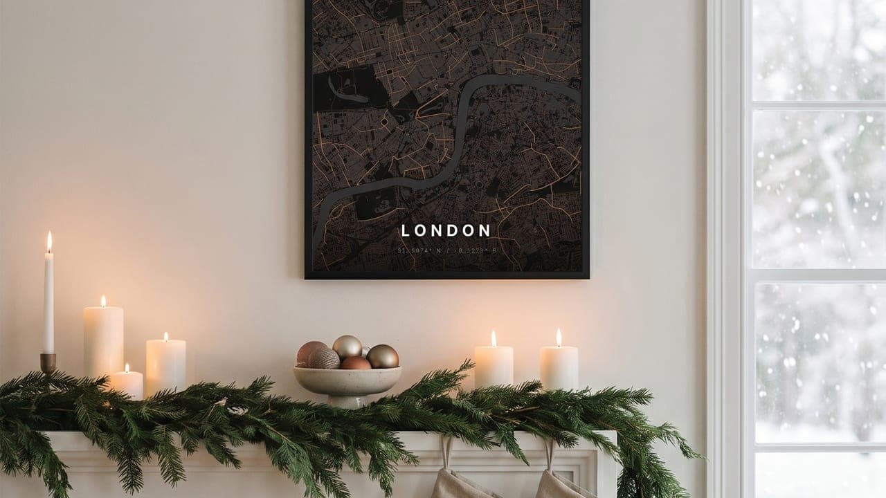 London map poster above a fireplace with Christmas stockings and a pine garland