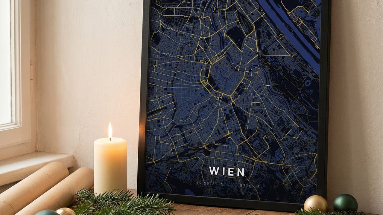 Vienna map poster in a wooden frame on a table with candles, pine branches and a red ribbon