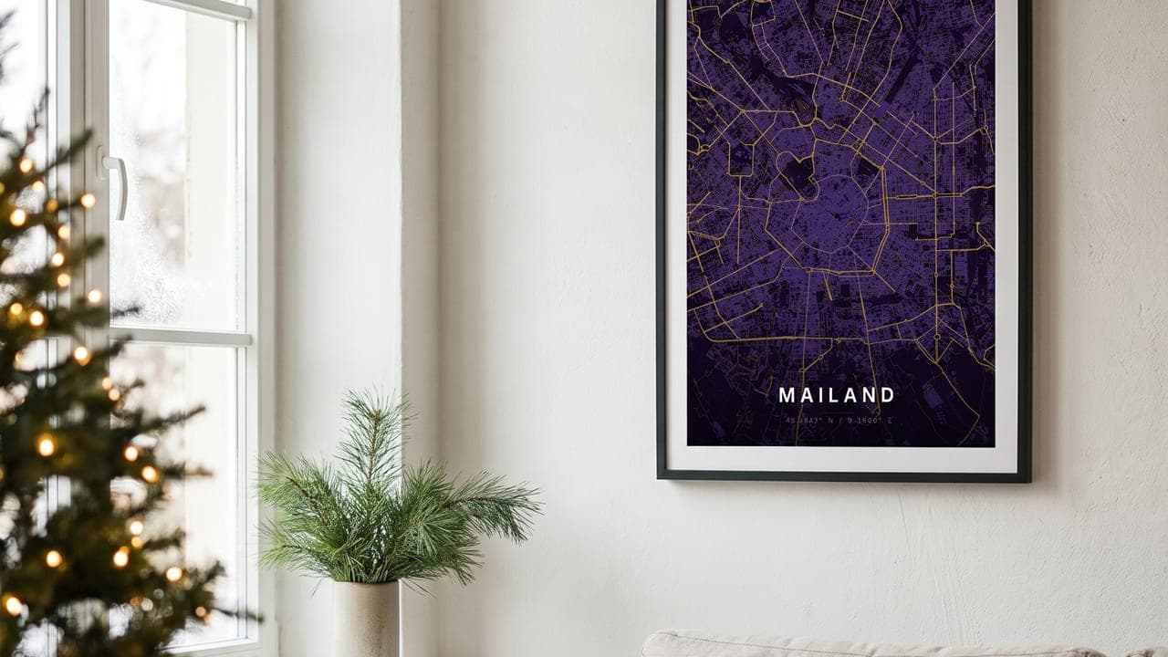 Framed Milan map poster beside a lit Christmas tree