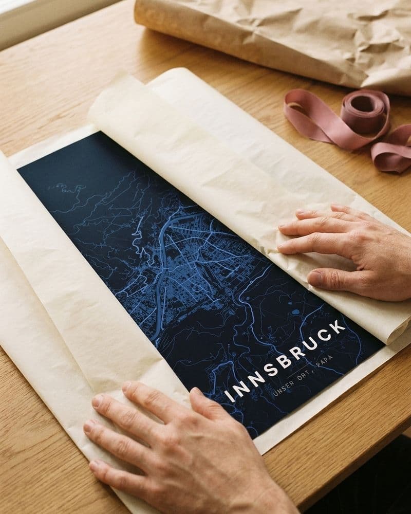 Hände packen ein Innsbruck-Kartenposter aus