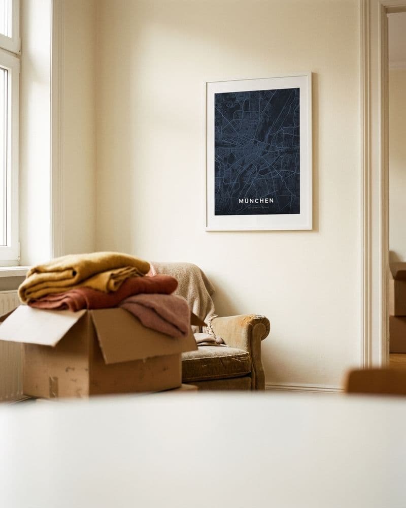 München-Kartenposter an der Wand über einem Umzugskarton