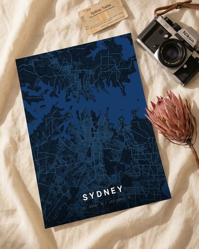 Blaues Sydney-Kartenposter auf Leinen mit Kamera und Protea