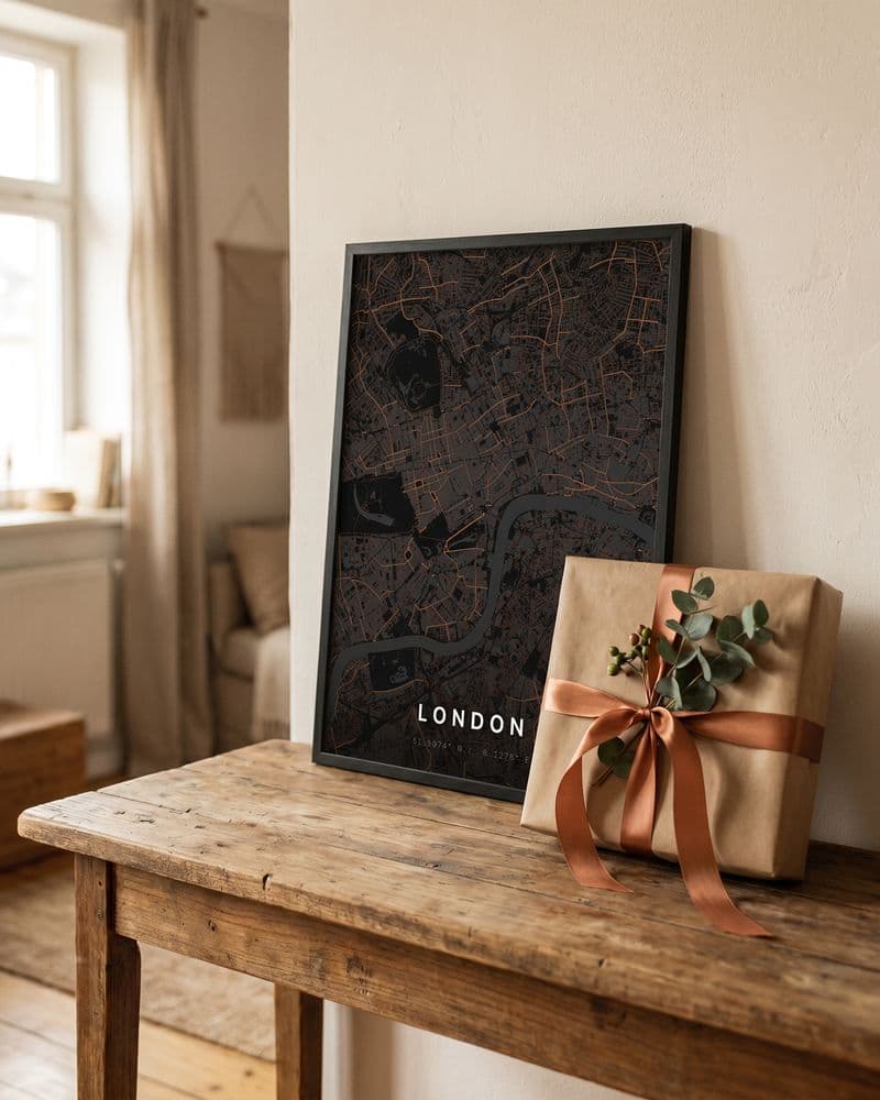 London-Kartenposter auf einem Holztisch neben einem verpackten Geschenk