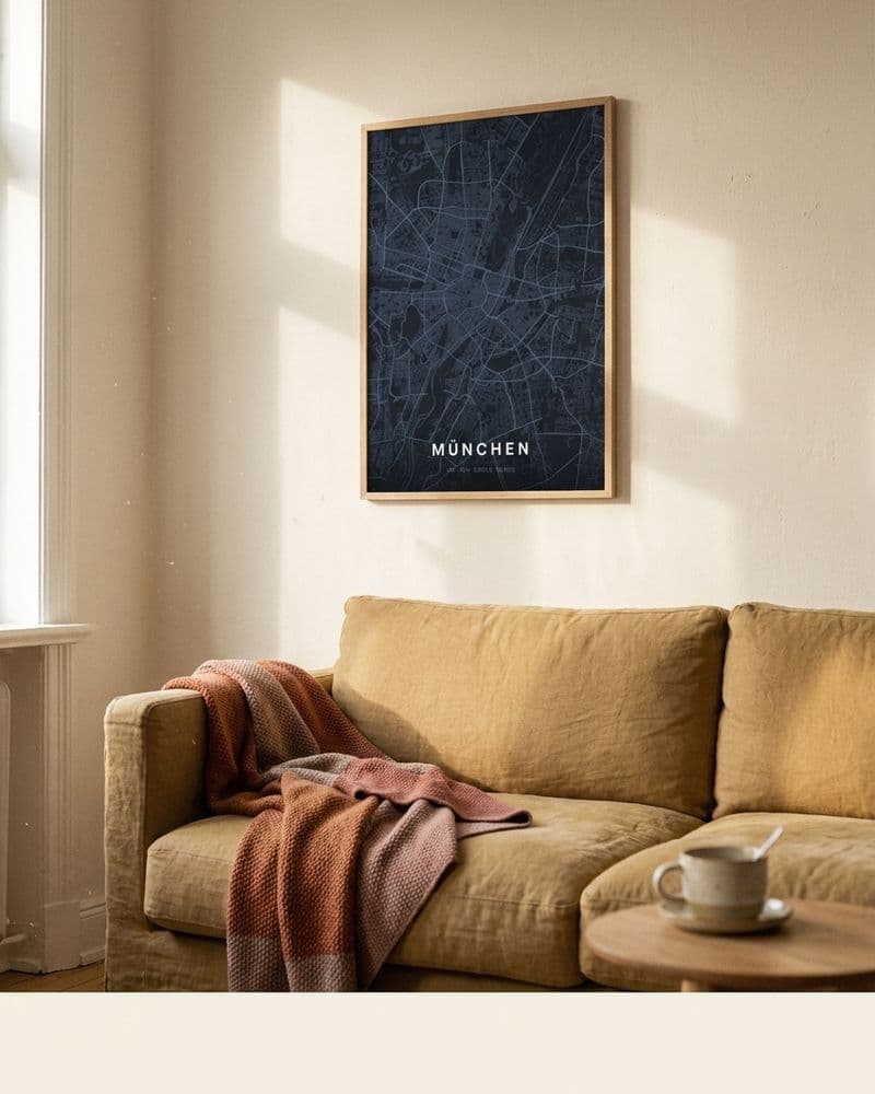 Gerahmtes München-Kartenposter über einem Sofa