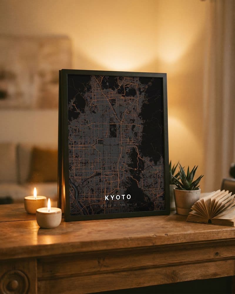 Kyoto-Kartenposter im Kerzenlicht auf einem Holztisch