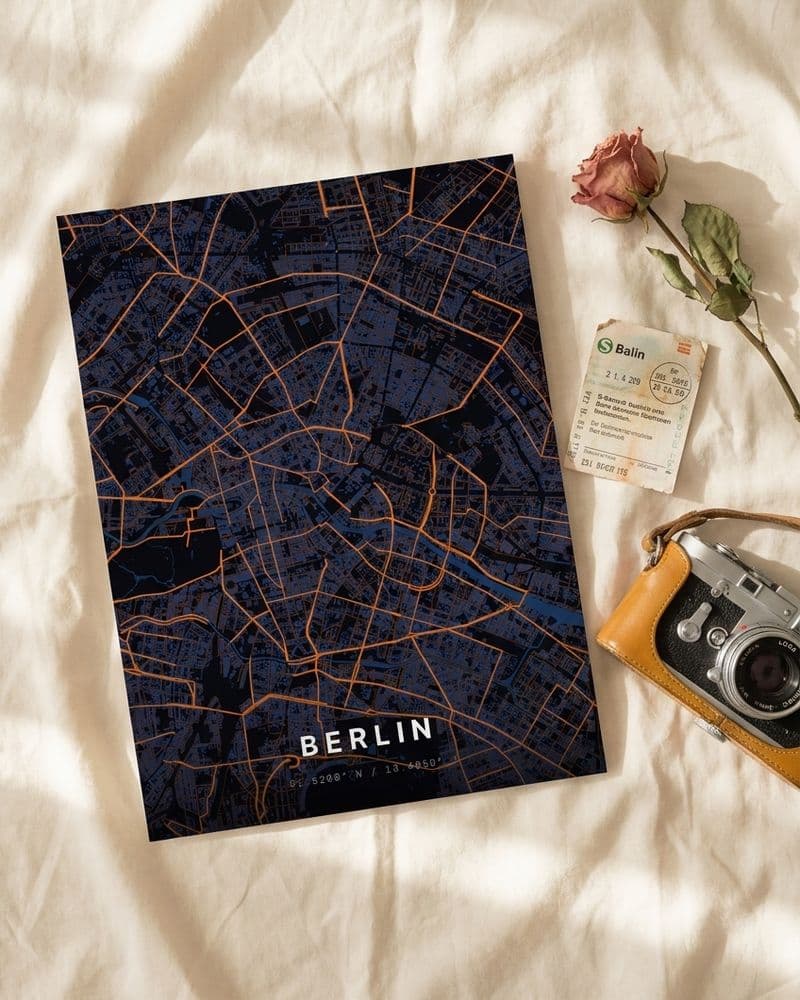 Berlin-Kartenposter auf Leinen mit Rose und Kamera