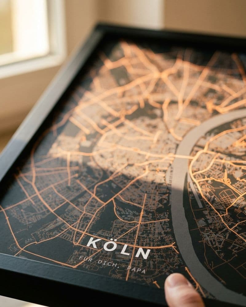 Nahaufnahme eines gerahmten Köln-Kartenposters