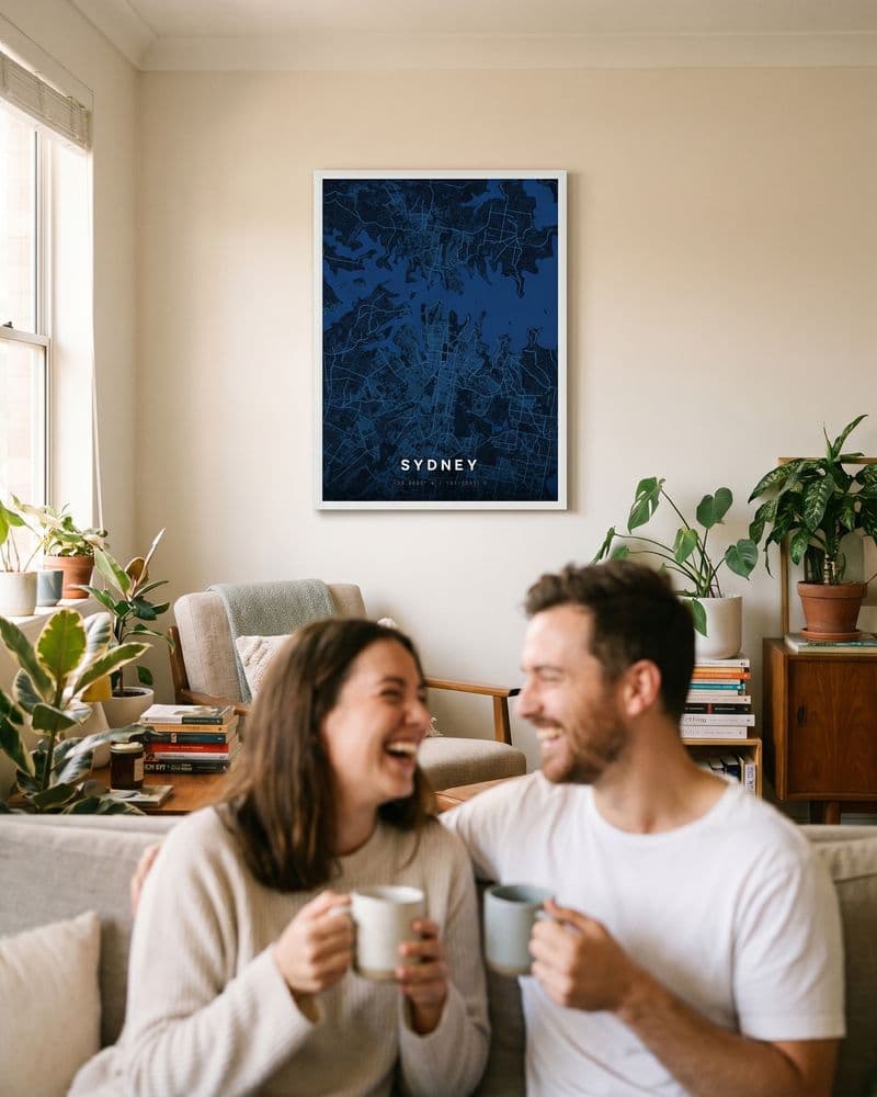 Paar mit Tassen auf dem Sofa unter einem blauen Sydney-Kartenposter