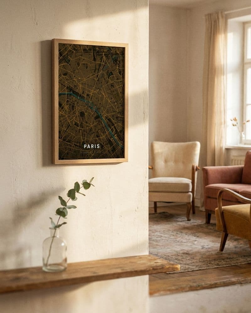 Gerahmtes Paris-Kartenposter in einem hellen Wohnzimmer