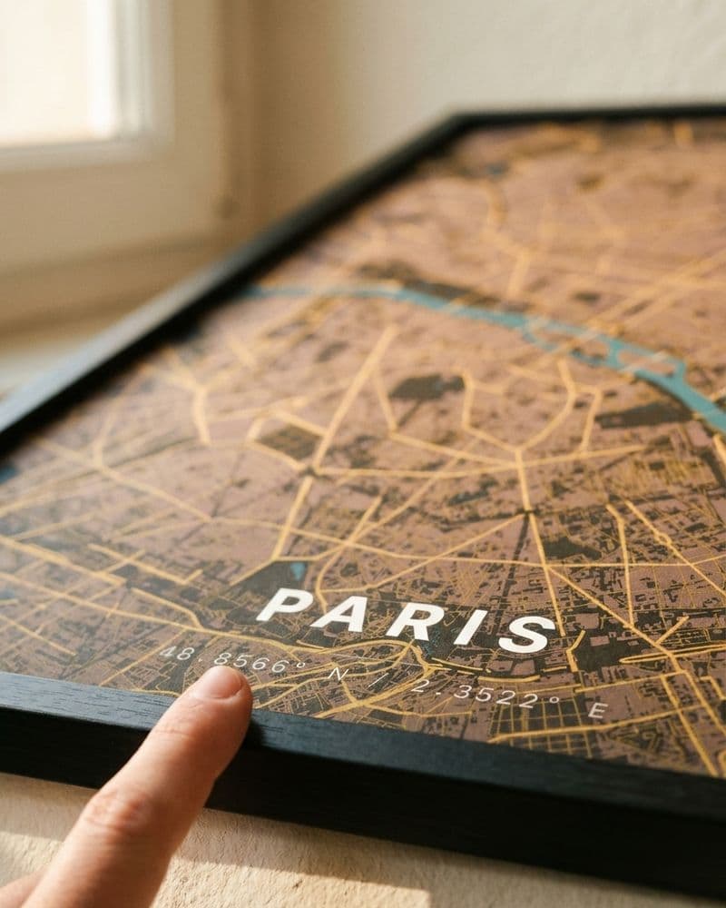 Nahaufnahme eines Paris-Kartenposters in Gold- und Brauntönen