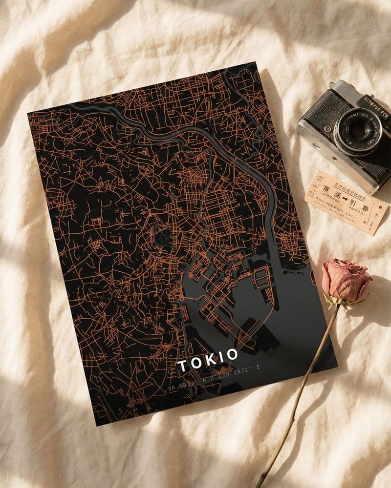 Tokio-Kartenposter auf Leinen mit Kamera und getrockneter Rose