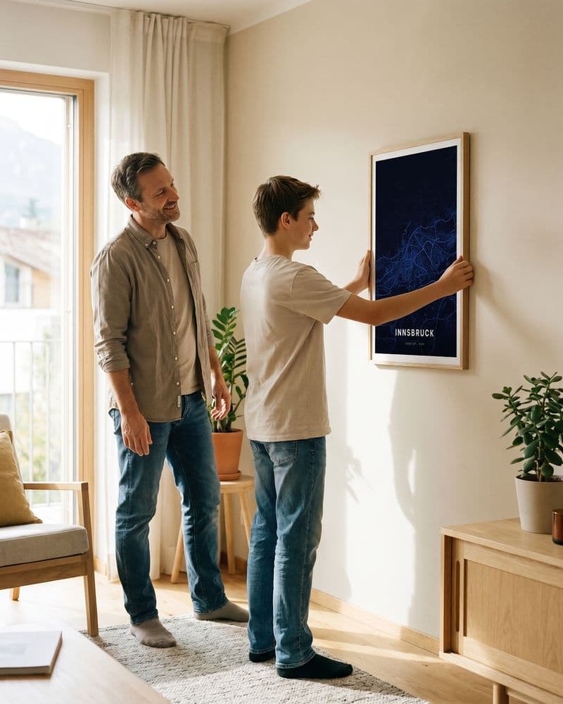 Vater und Sohn hängen ein Innsbruck-Kartenposter auf
