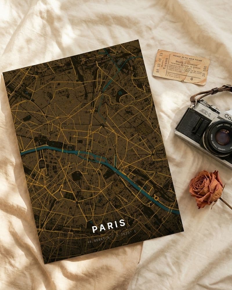 Paris-Kartenposter in Gold auf Leinen mit Rose und Kamera