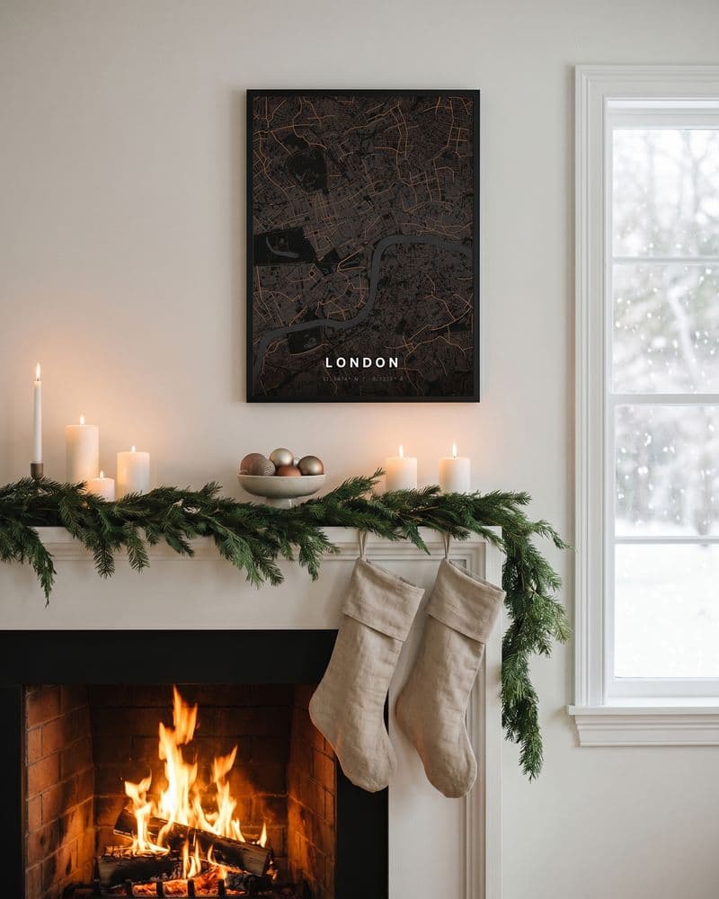 London-Kartenposter über einem Kamin mit Weihnachtsstrümpfen