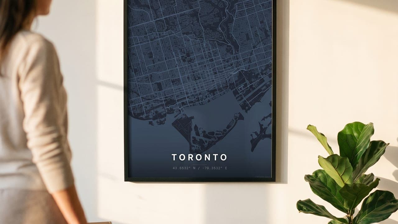 Woman in front of a framed Toronto map poster among moving boxes