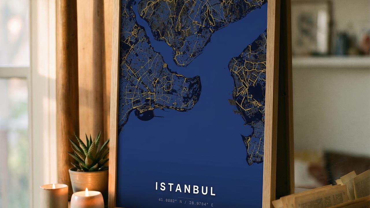 Blaues Istanbul-Kartenposter im Holzrahmen auf einer Kommode mit Kerzen