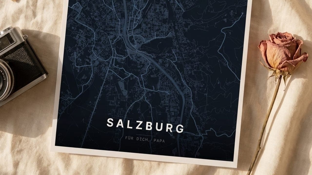 Gerahmtes Salzburg-Kartenposter auf Leinen mit getrockneter Rose und Kamera