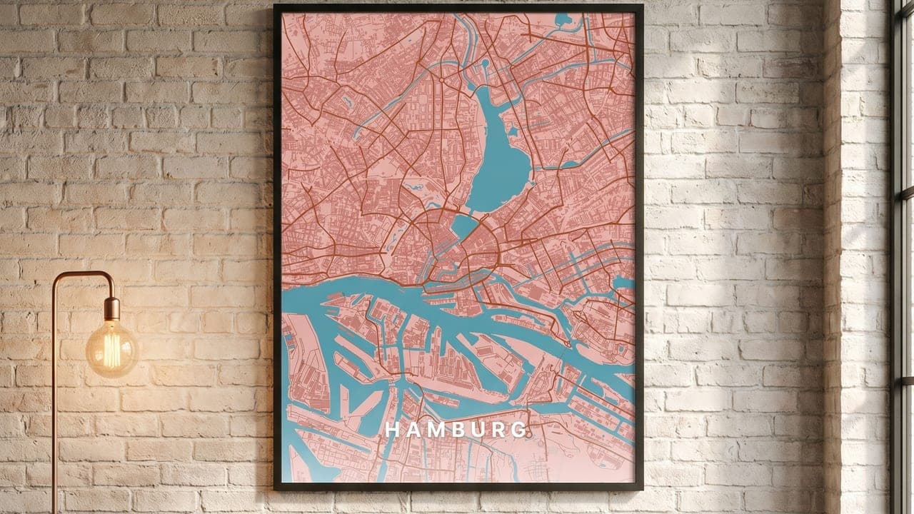 Red Hamburg map poster on a white brick wall above a leather armchair