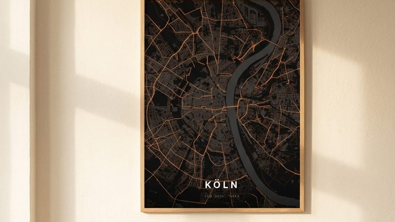 Gerahmtes Köln-Kartenposter mit dem Rhein über einem hellen Sofa
