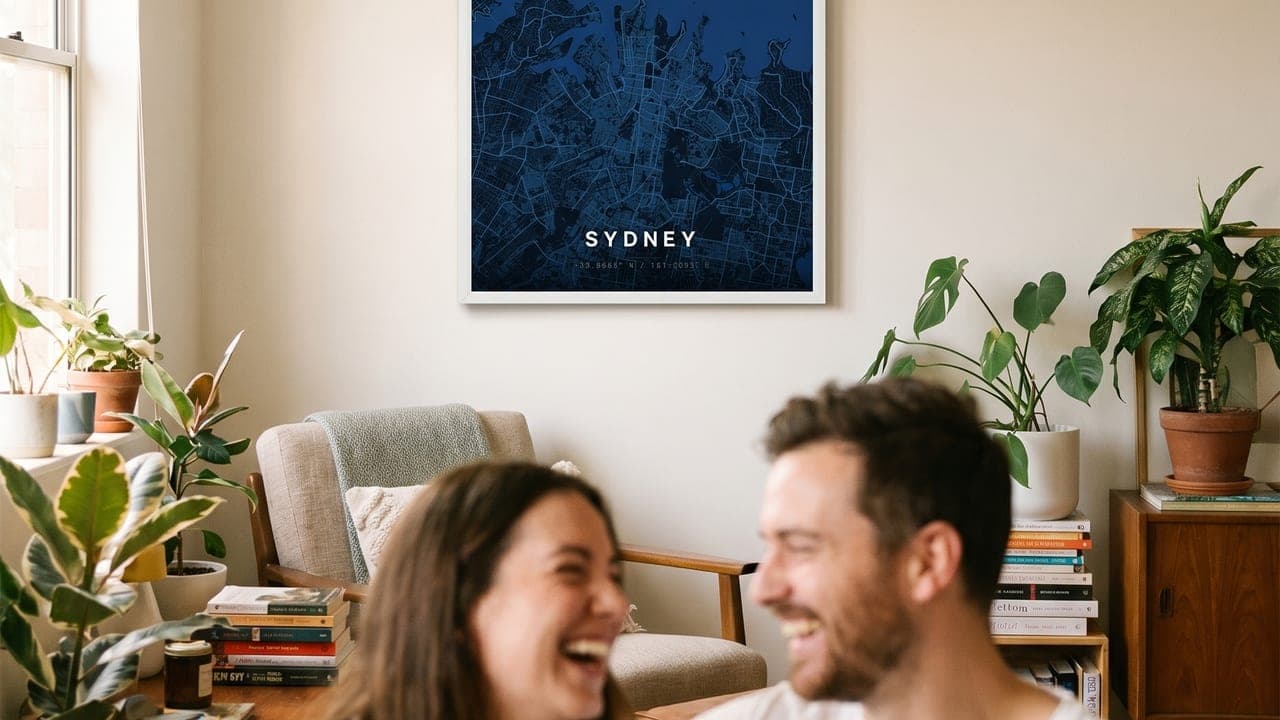 Paar mit Tassen auf dem Sofa unter einem blauen Sydney-Kartenposter