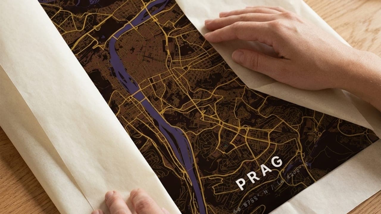 Hände packen ein Prag-Kartenposter aus Seidenpapier aus