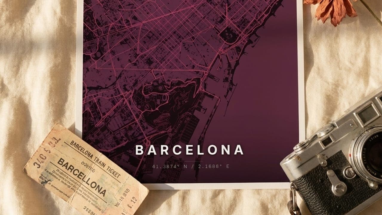 Barcelona map poster on linen with a camera, a ticket and a flower