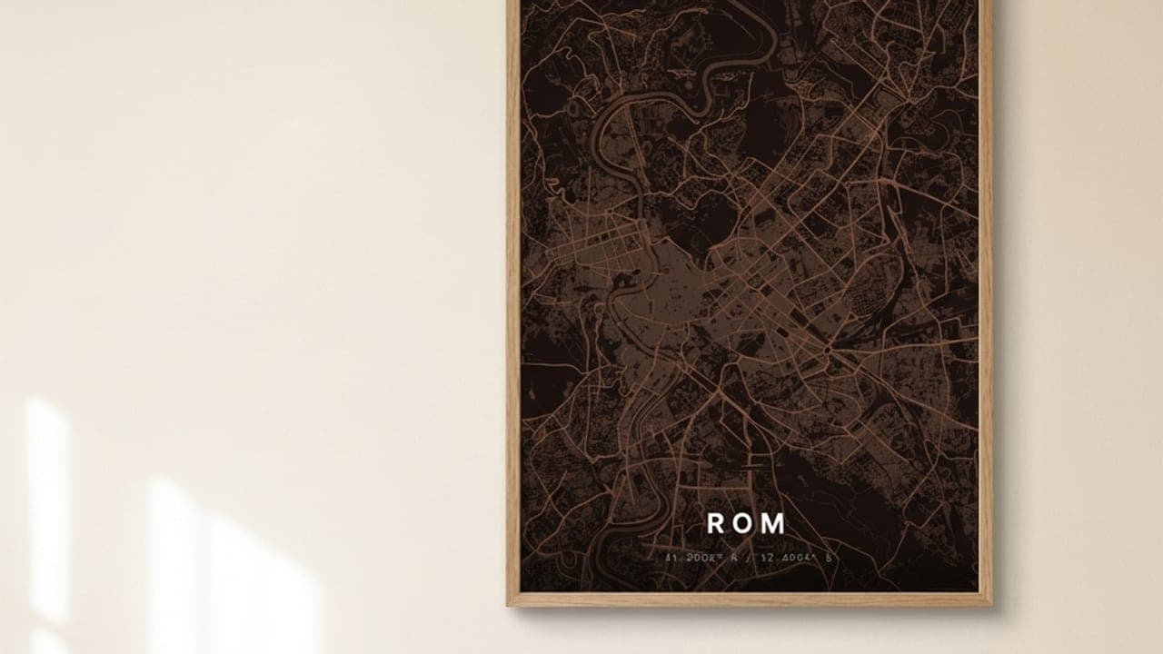 Gerahmtes Rom-Kartenposter über einem senfgelben Sessel