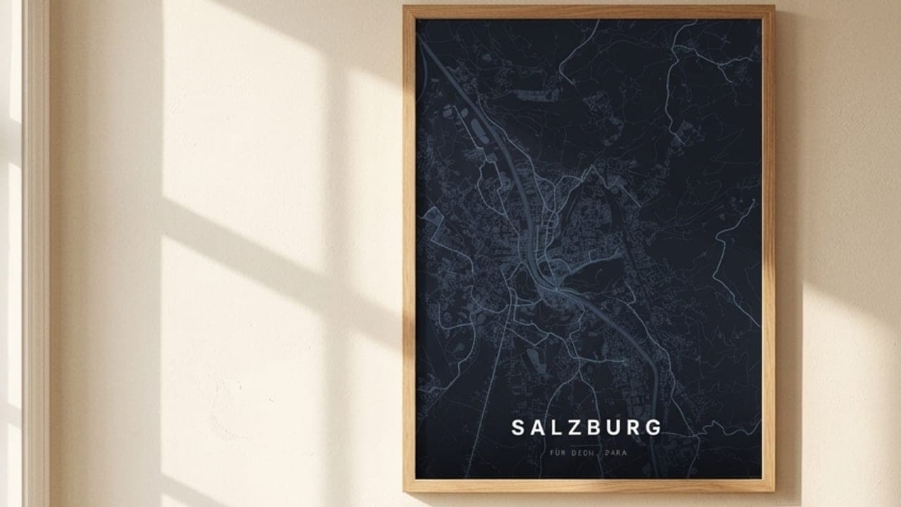 Framed Salzburg map poster above a light sofa with a pink throw