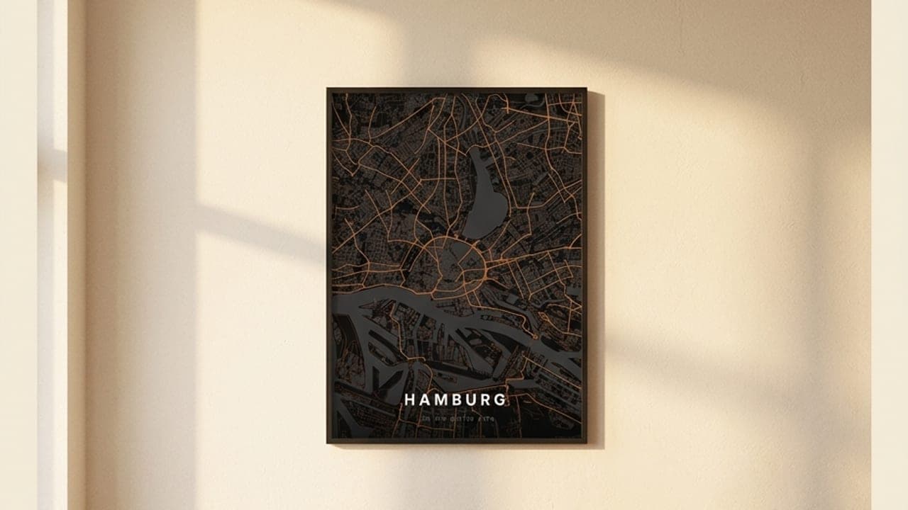 Framed Hamburg map poster above a sofa in a calm room